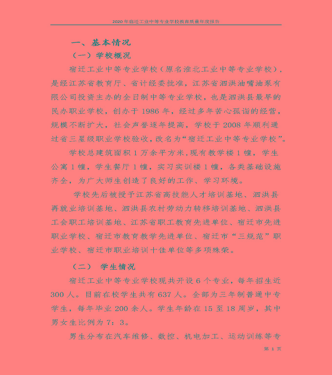 宿遷工業(yè)中等專業(yè)學(xué)校中等職業(yè)教育質(zhì)量年度報(bào)告（2020）
