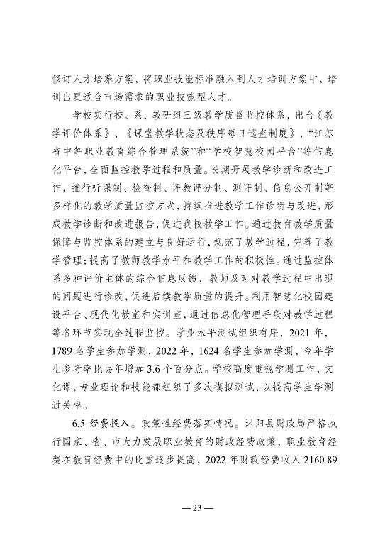 江蘇省沭陽中等專業(yè)學校教育中等職業(yè)教育質(zhì)量年度報告（2023）