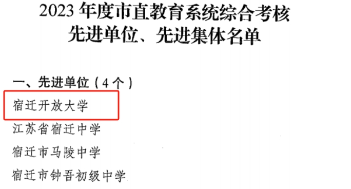 喜訊！宿遷開放大學再次榮獲全市職業(yè)院校辦學實績考評一等獎
